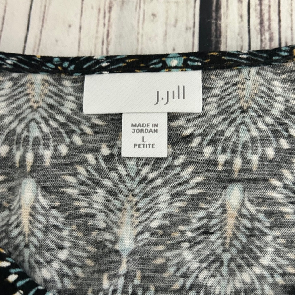 J. Jill Petite Large Peacock Print Henley Tunic Top Teal Black 3/4 Sleeve Rayon - Picture 7 of 10